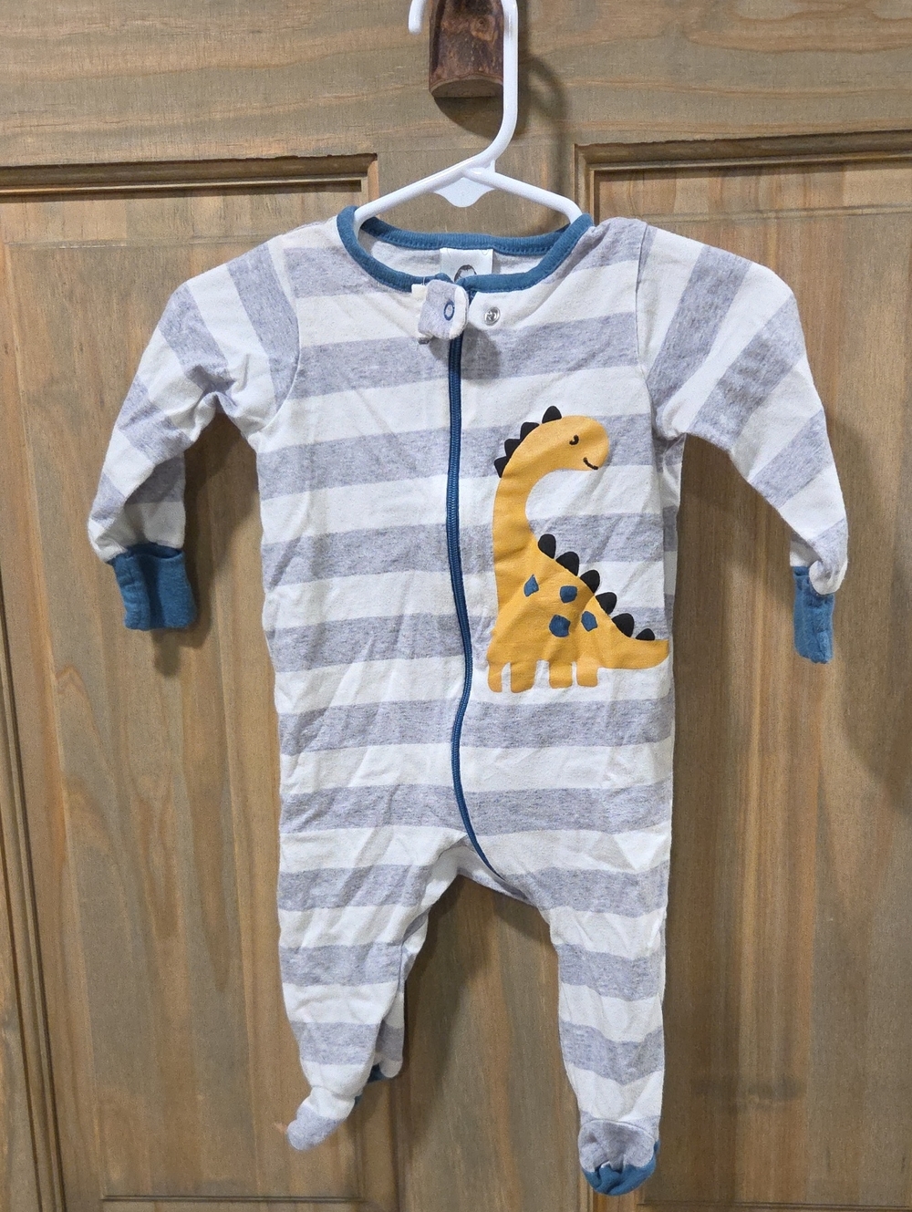 **BUNDLE & SAVE** Gerber Gray & White Striped Footed One-Piece with Yellow Dino